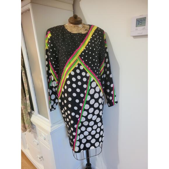 Pat Argenti Silk Dress Vintage Black White Polk A Dot Multicolor Stripes Small - Picture 2 of 9